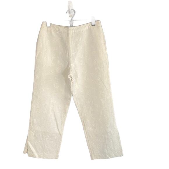 Herman Geist White Linen Blend Embroidered Floral Pants Women SZ 6 - Picture 1 of 9